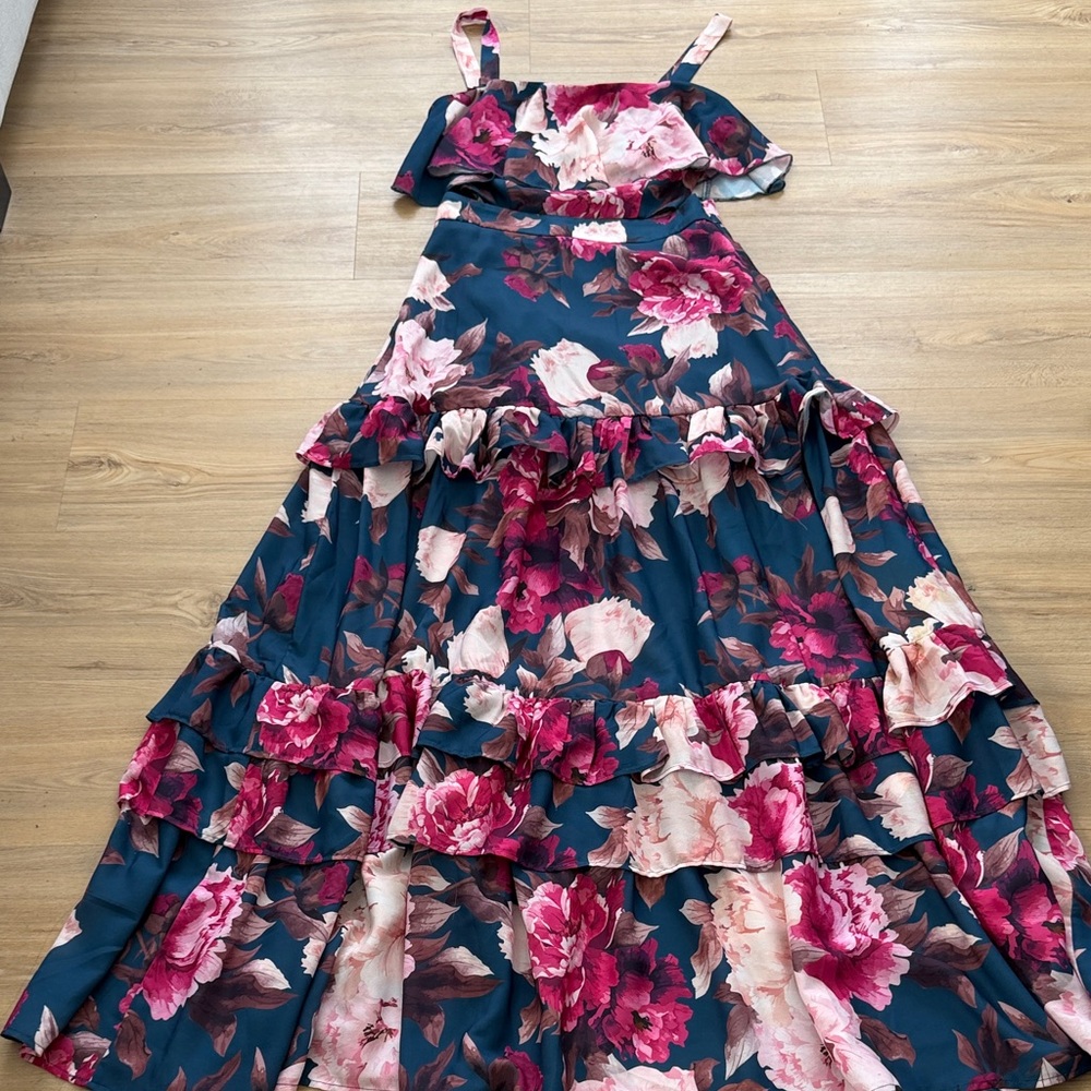 Fashion Nova Teal Floral Ruffled Skirt Set with Pink Flowers